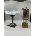 Vintage miners lamp and glass topped EPNS Tazza