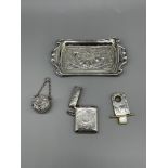 HM Silver pin tray, tape, vesta and lock cigar cut