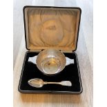 Cased HM Silver Quaich and spoon.