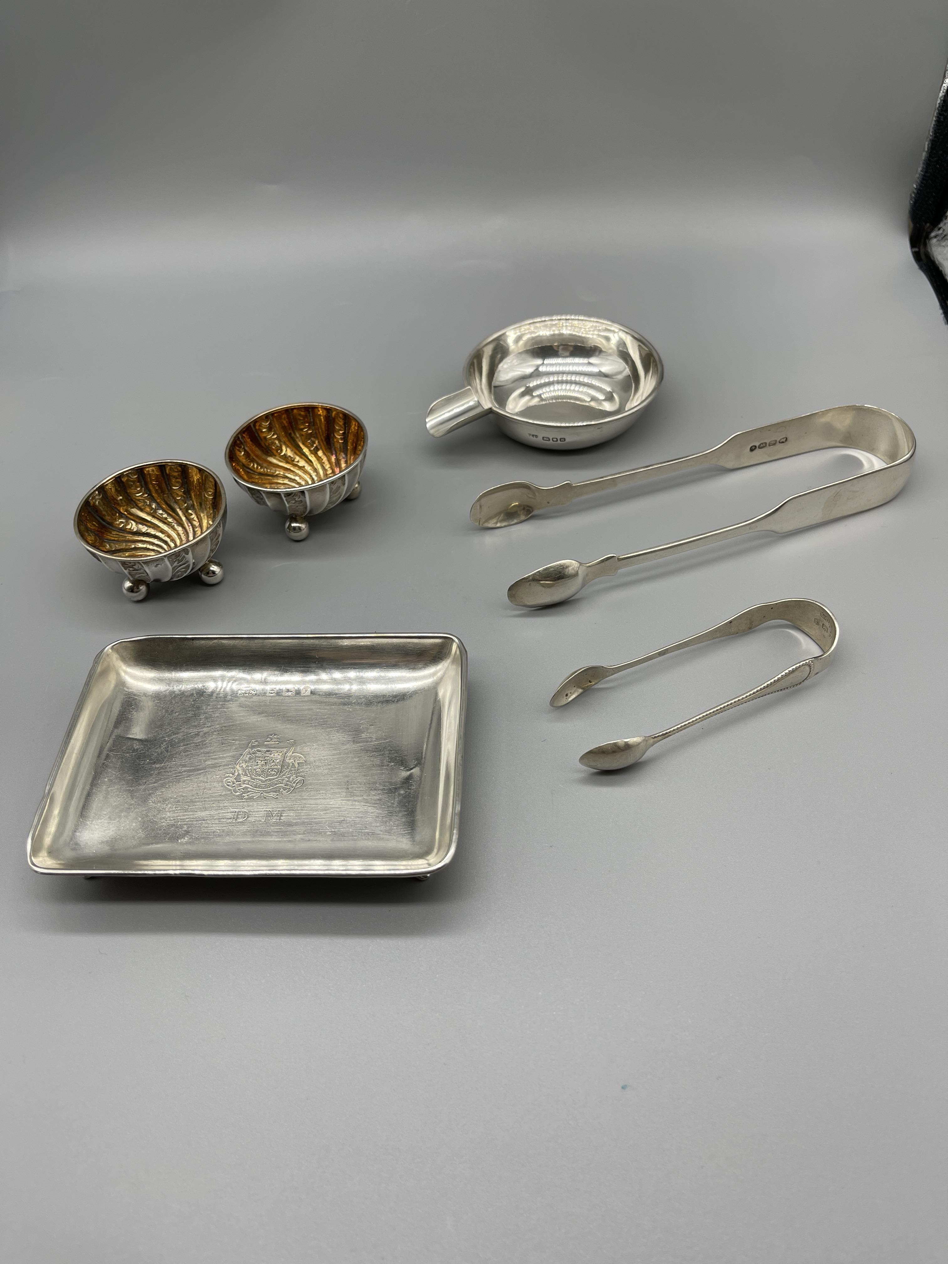 Two HM Silver ashtrays, salts and snips.160 G - Image 2 of 11