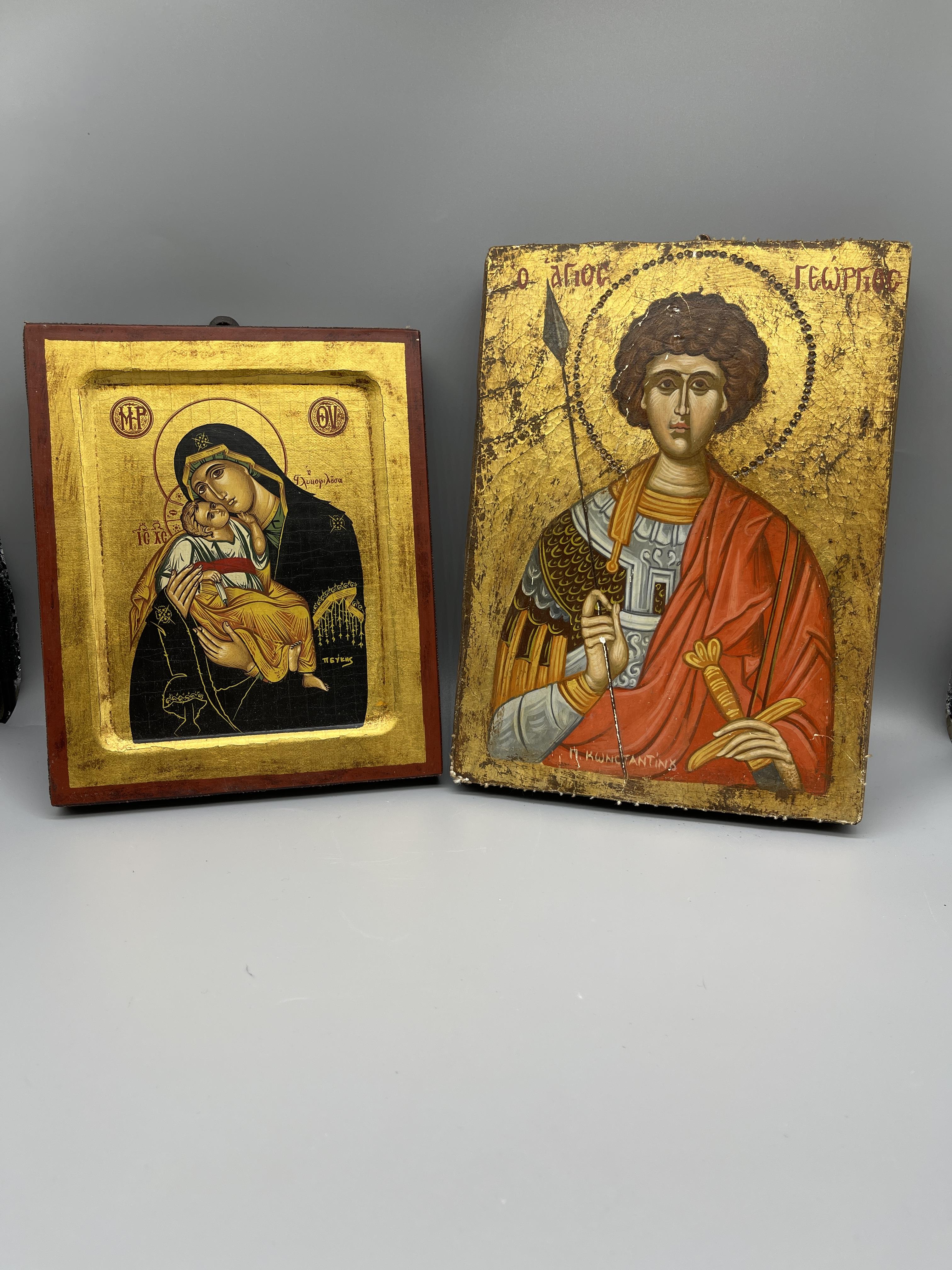 two small greek handpainted and gilded icons appro