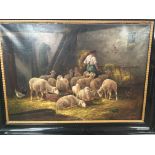 Late 19th c oil on canvas of sheep in stable with