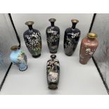 Six Japanese Ginbari enamelled vases. Featuring bi