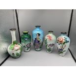 Five Japanese Ginbari foil enamelled vases. Featur