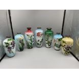 Seven Japanese Ginbari foil enamelled vases, with