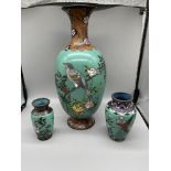 Three Japanese Ginbari enamelled vases. Featuring