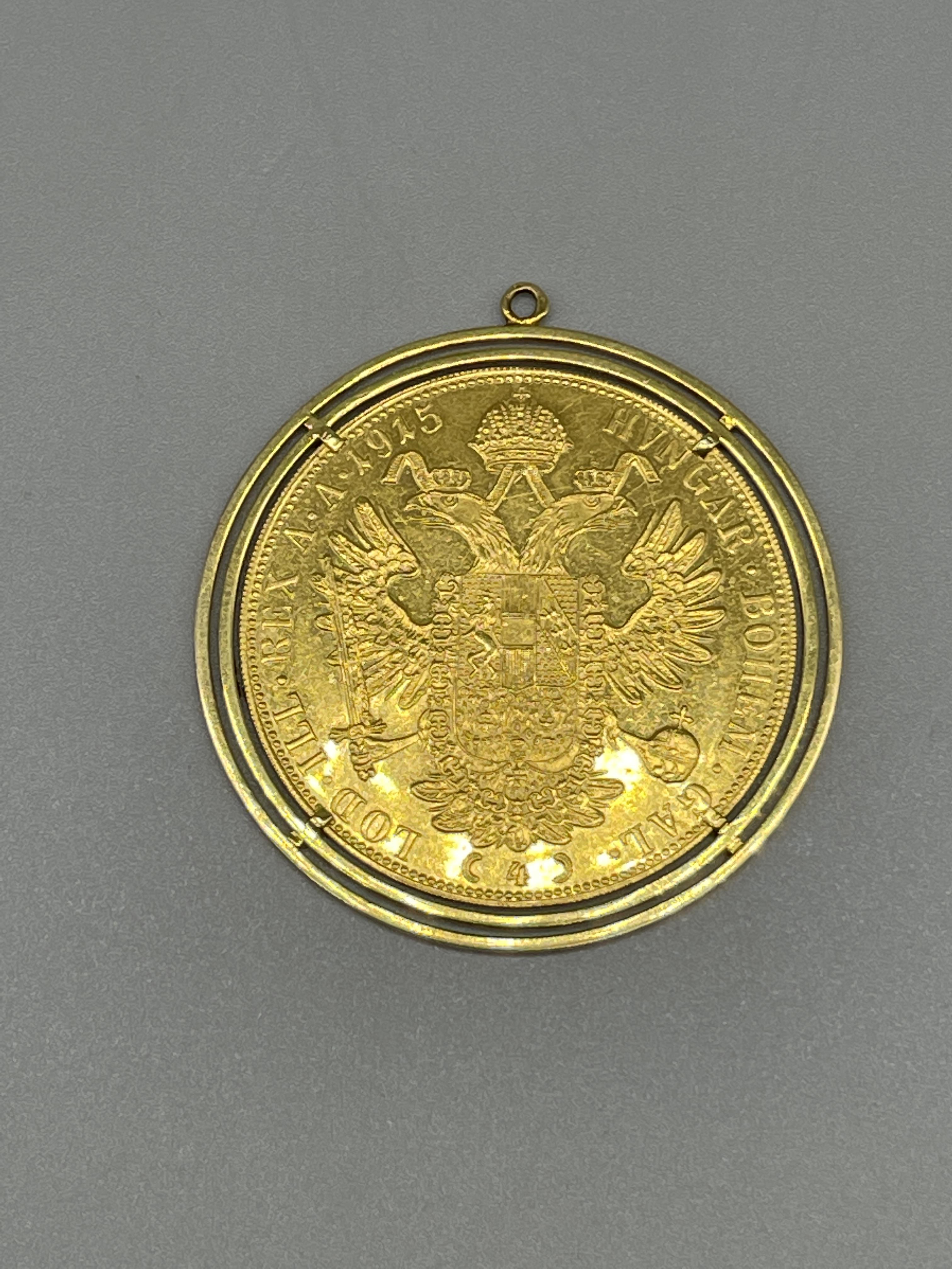 1915 4 Ducat coin in gold mount, 14ct 17.82 grams