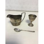 HM Silver Creamer, egg cup and spoon. Weight 98gr