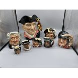 Eight Royal Doulton Character jugs, small med and