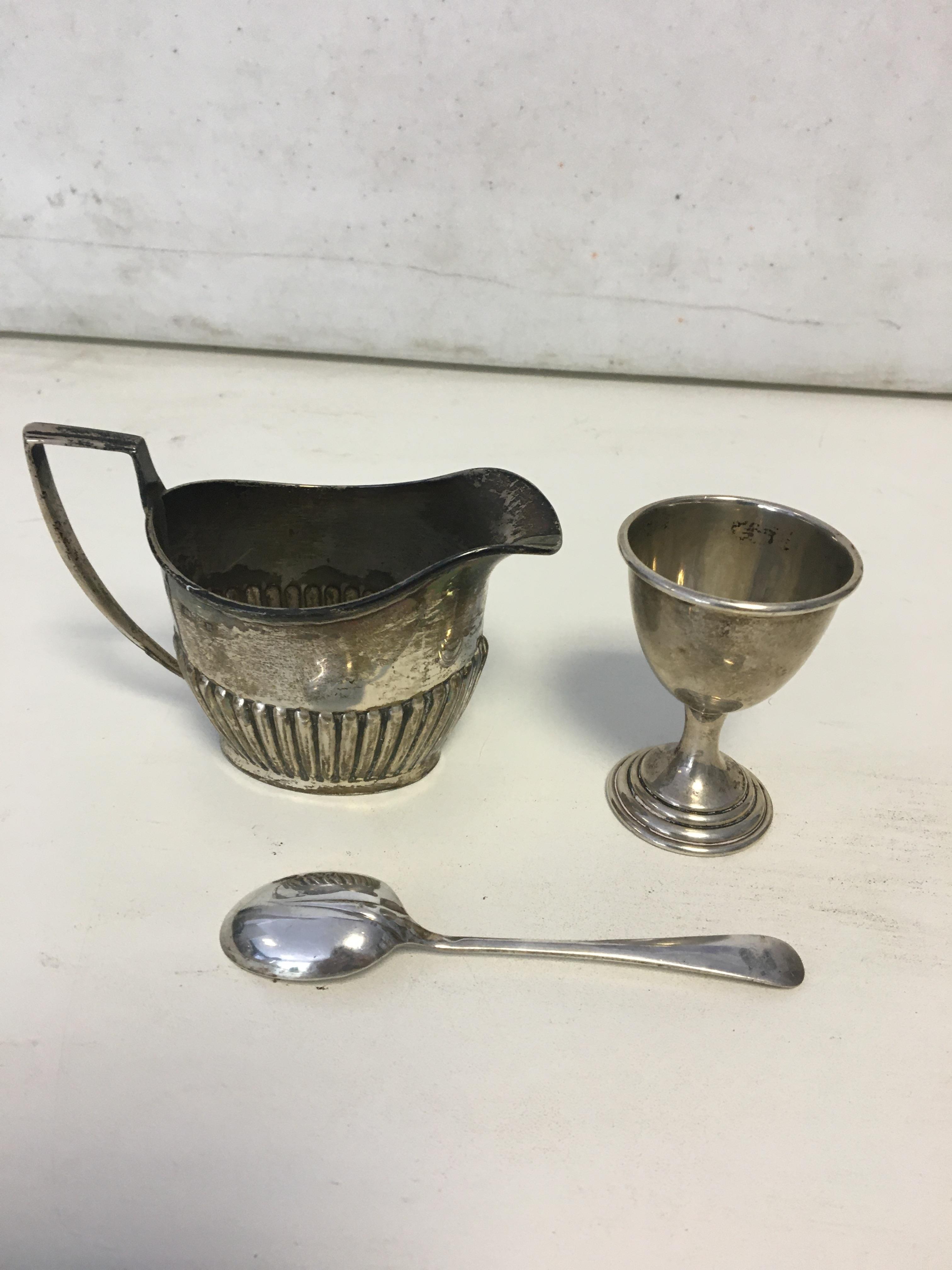 HM Silver Creamer, egg cup and spoon. Weight 98gr - Image 6 of 6