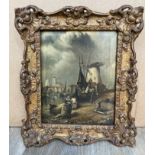 19th C Oil on canvas of Dutch scene with windmill