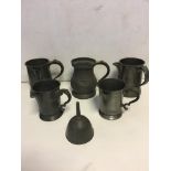 Qty 19th c pewter tankards and a funnel