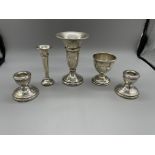 HM Silver squat candlesticks, eggcup, and spill va