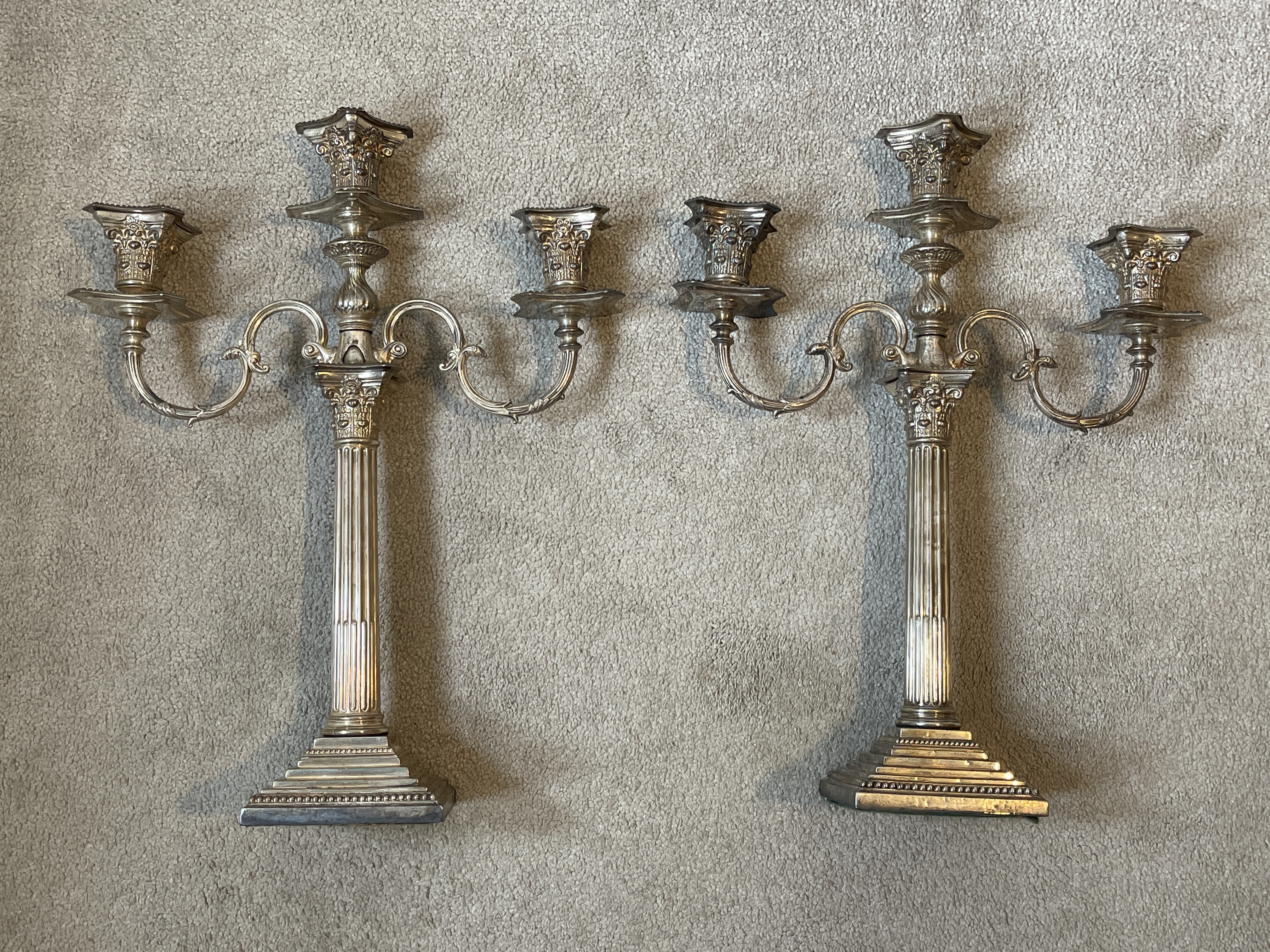 Pair of Three Sconce HM Silver Candelabras