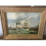 J Syer oil on canvas of a ship and paddle steamer,