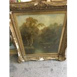Large gilt framed oil on canvas of swans in lake i