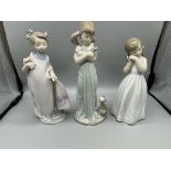 Lladro Three Girls Cats, Rake and with Hands to Ea