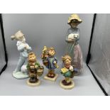 Two Nao figurines and three hummel figurines.