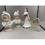 Pair of Victorian Busts and Royal Doulton Lady and Waterford Clock