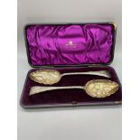 Pair of Cased HM Silver Berry Spoons Weight 199gr