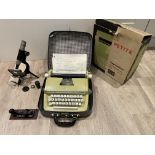 Vintage Petite typewriter, microscope and Morse co