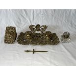 19th Century Brass Inkwell Stand Set with letter o