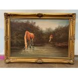 Large Framed Oil on Canvas of Horse by the stream,