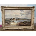 Large Framed Oil on Canvas of Cottage by the sea,