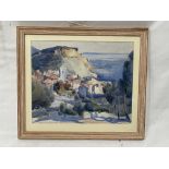 Framed Watercolour of a Church and houses near the