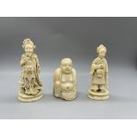 Three Meiji period ivory Okimono, H 9.5cm, 8.5cm,