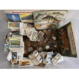 Quantity of Cigarette cards, coins and silver item