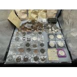 Box of coins to include pennies, crowns and others