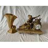 Mantle Clock and Gold Vase