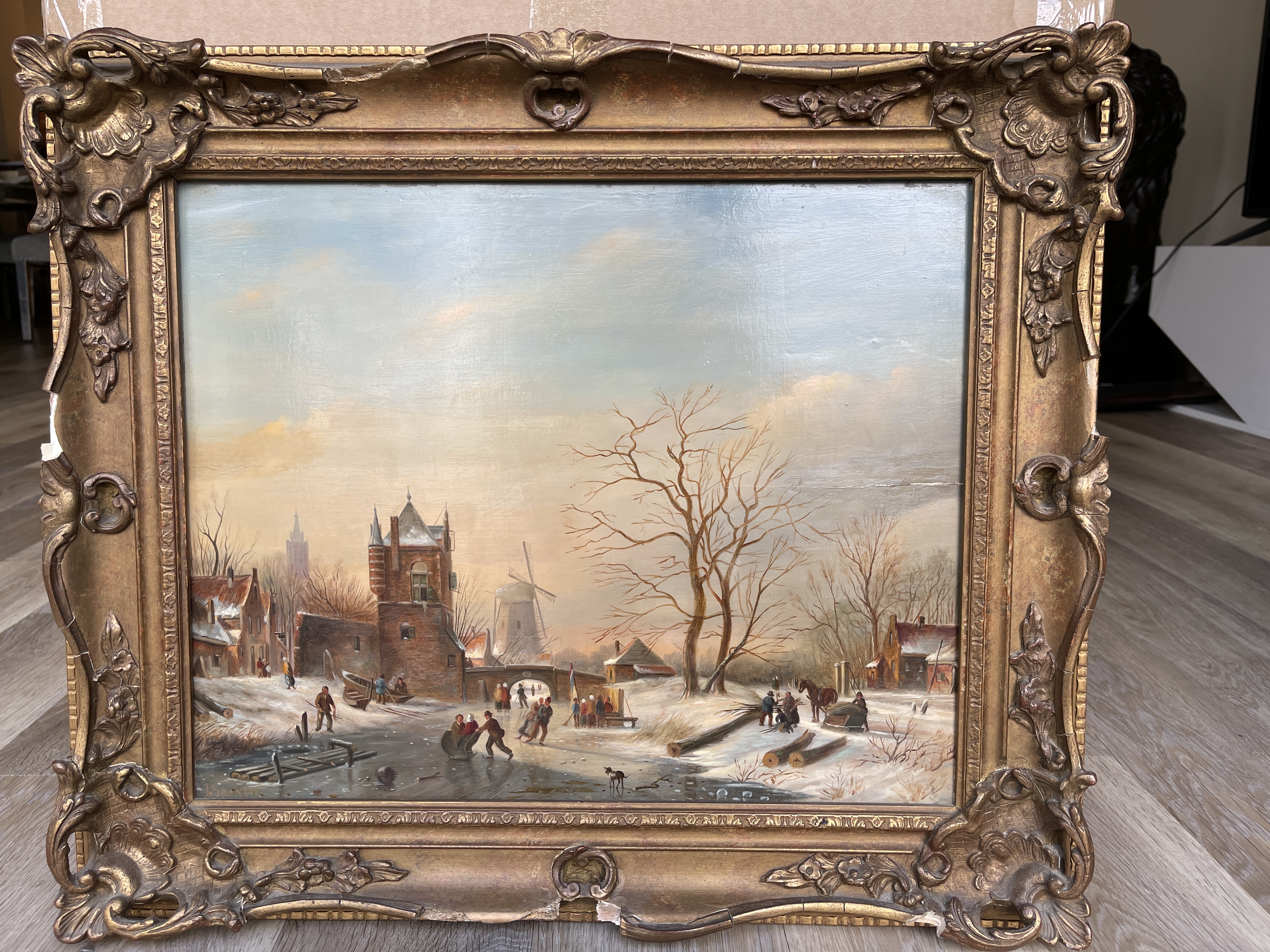 J Spohler (Dutch 1811-1866) oil on board of winter