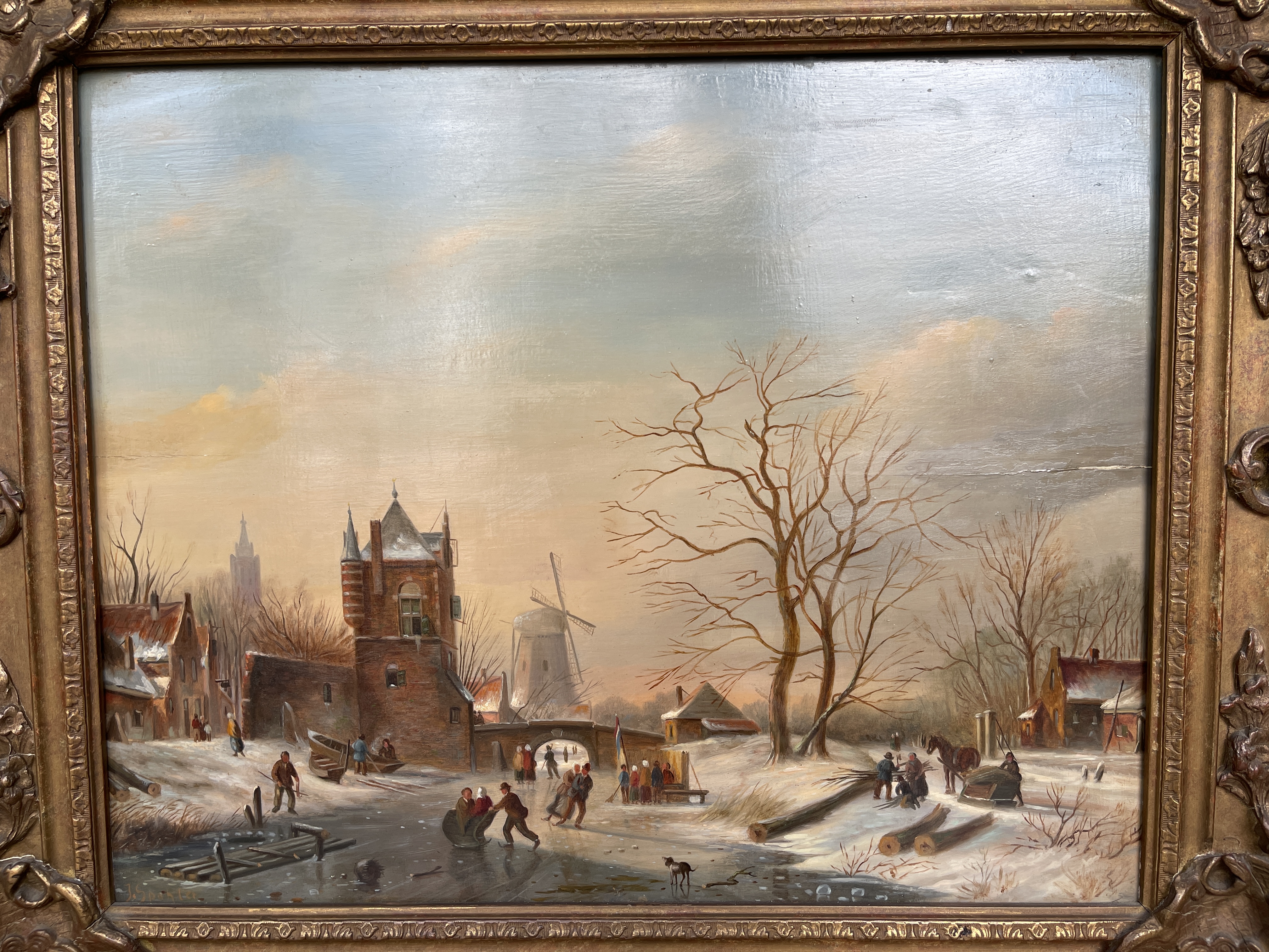 J Spohler (Dutch 1811-1866) oil on board of winter - Image 3 of 10