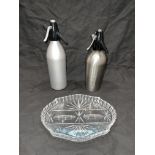 Two vintage soda siphons and crystal dish