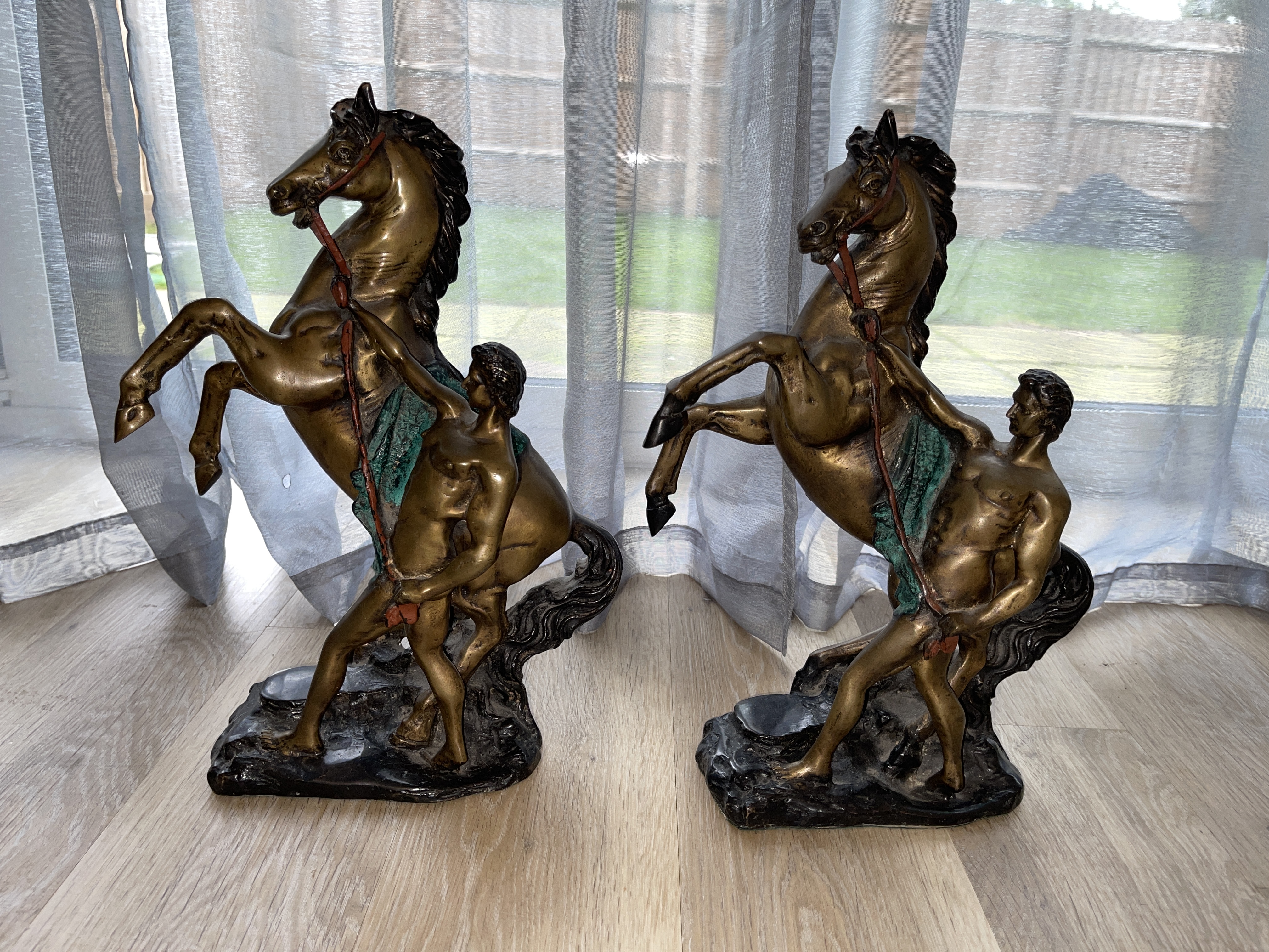 Pair of Bronze Statues - Man With Rearing Horse