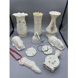 Qty of Belleek ceramics, vases and Christmas decora