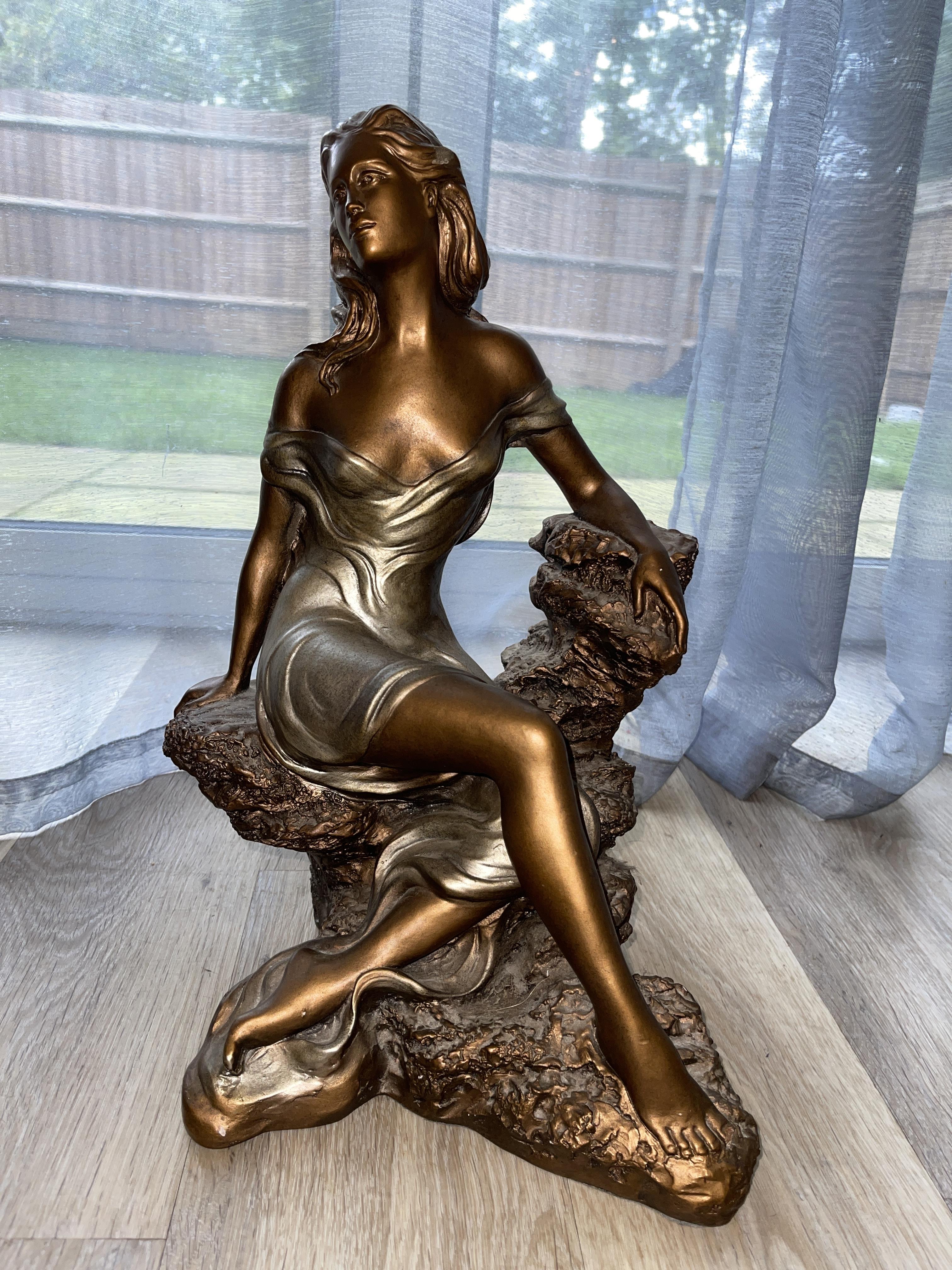 Beautiful Resin Sculpture of a Woman Sitting on the Rock, Marked Austin Sculpture 1990