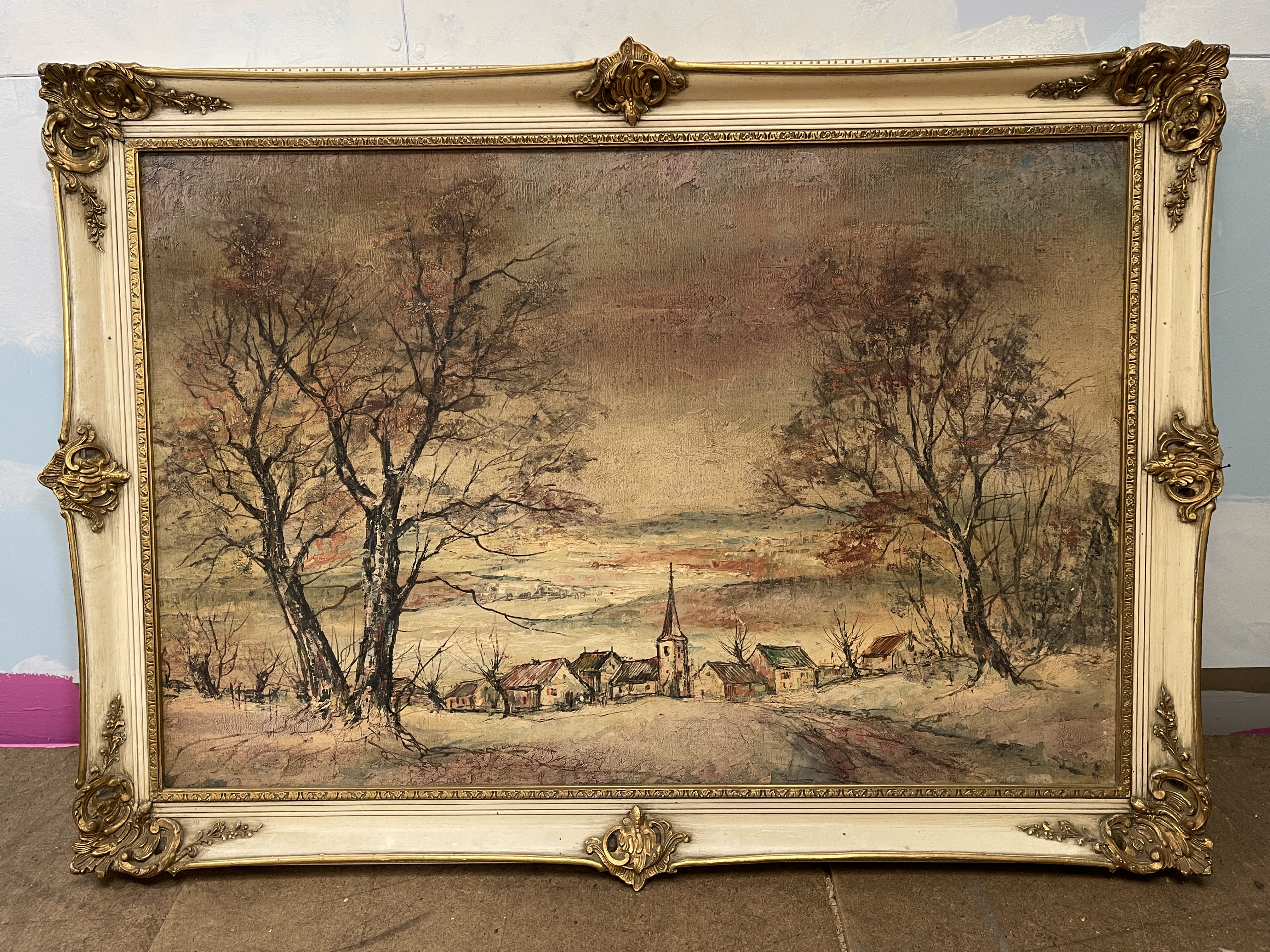 Large Framed Oil on Canvas depicting Woodland Chur