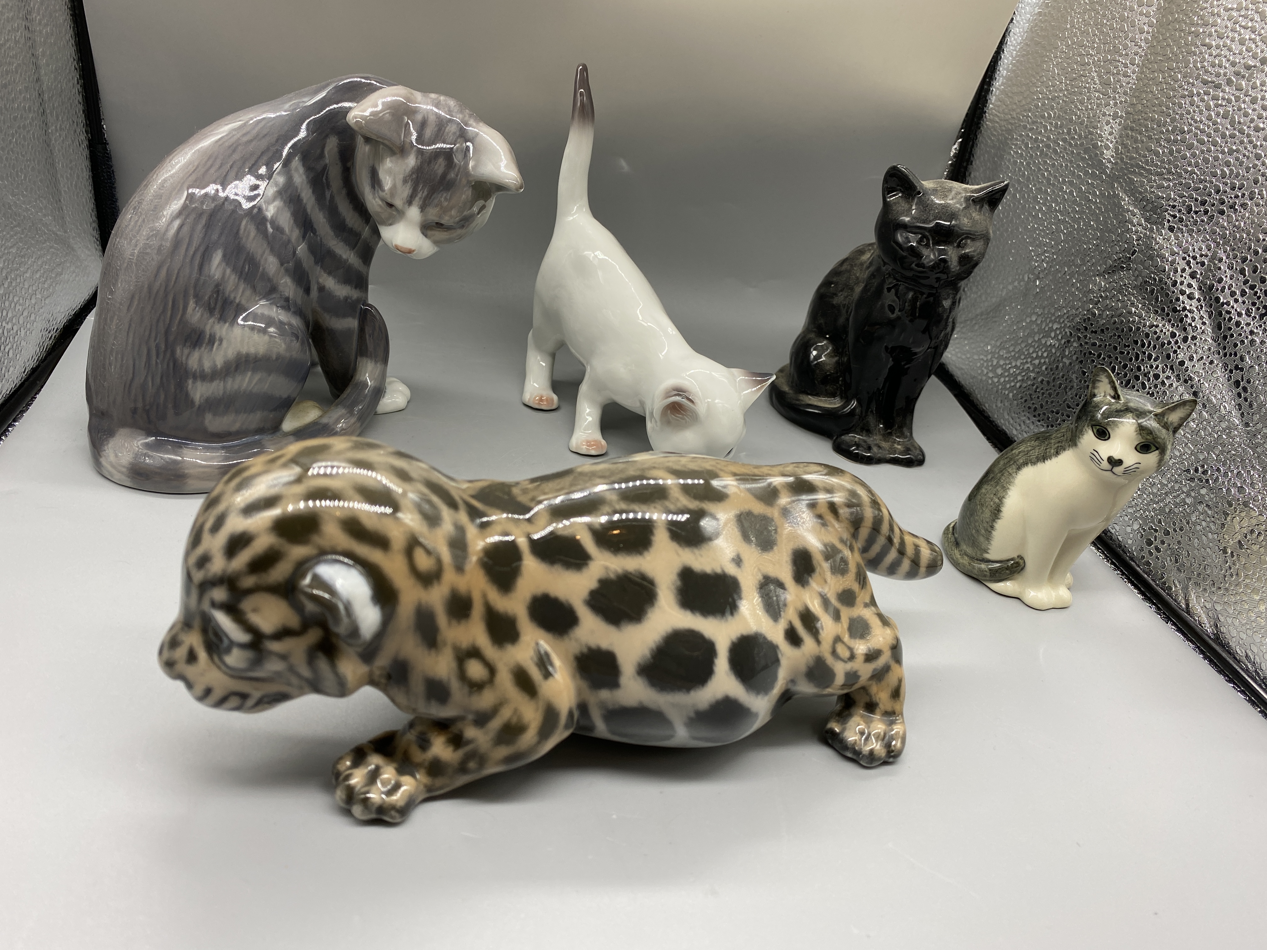 Five Cat Figures to include Royal Copenhagen and o