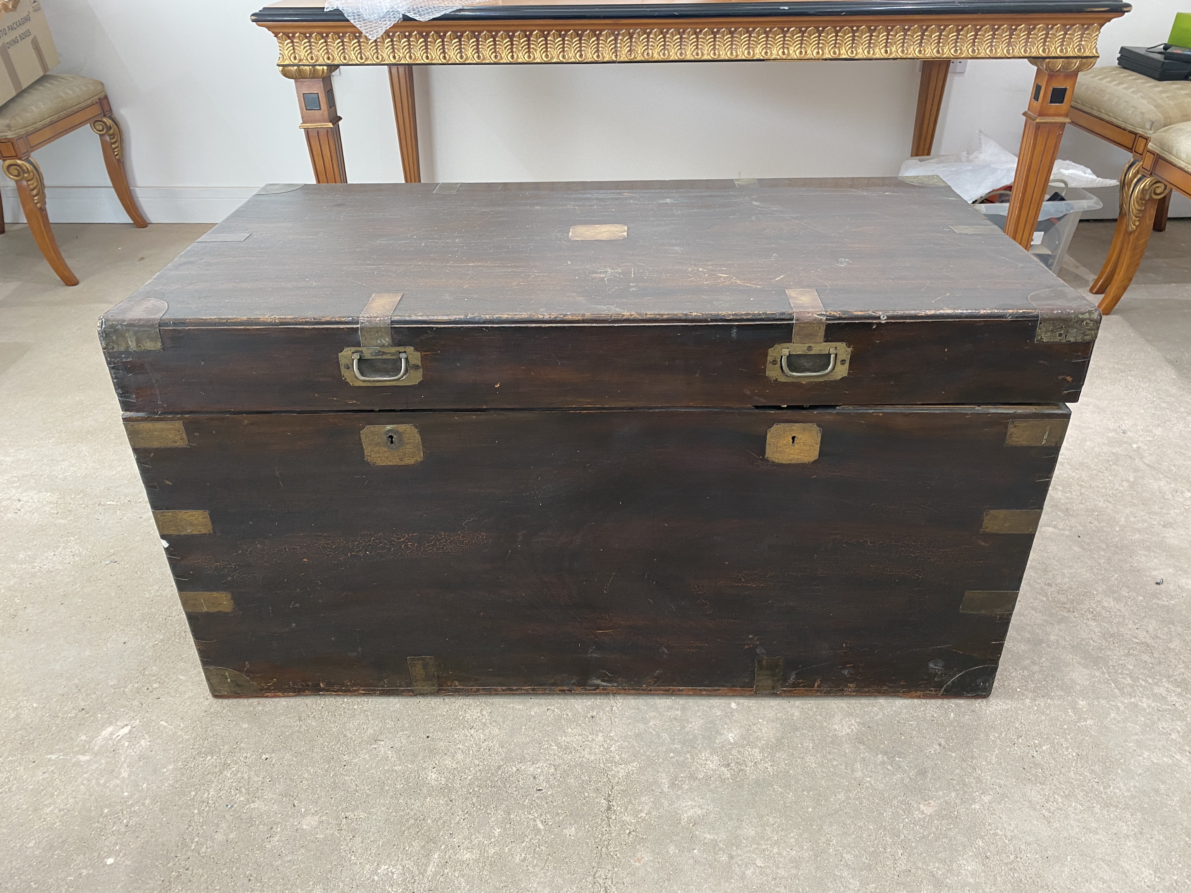 Very Large 19th Century Camper Wood Trunk. In grea