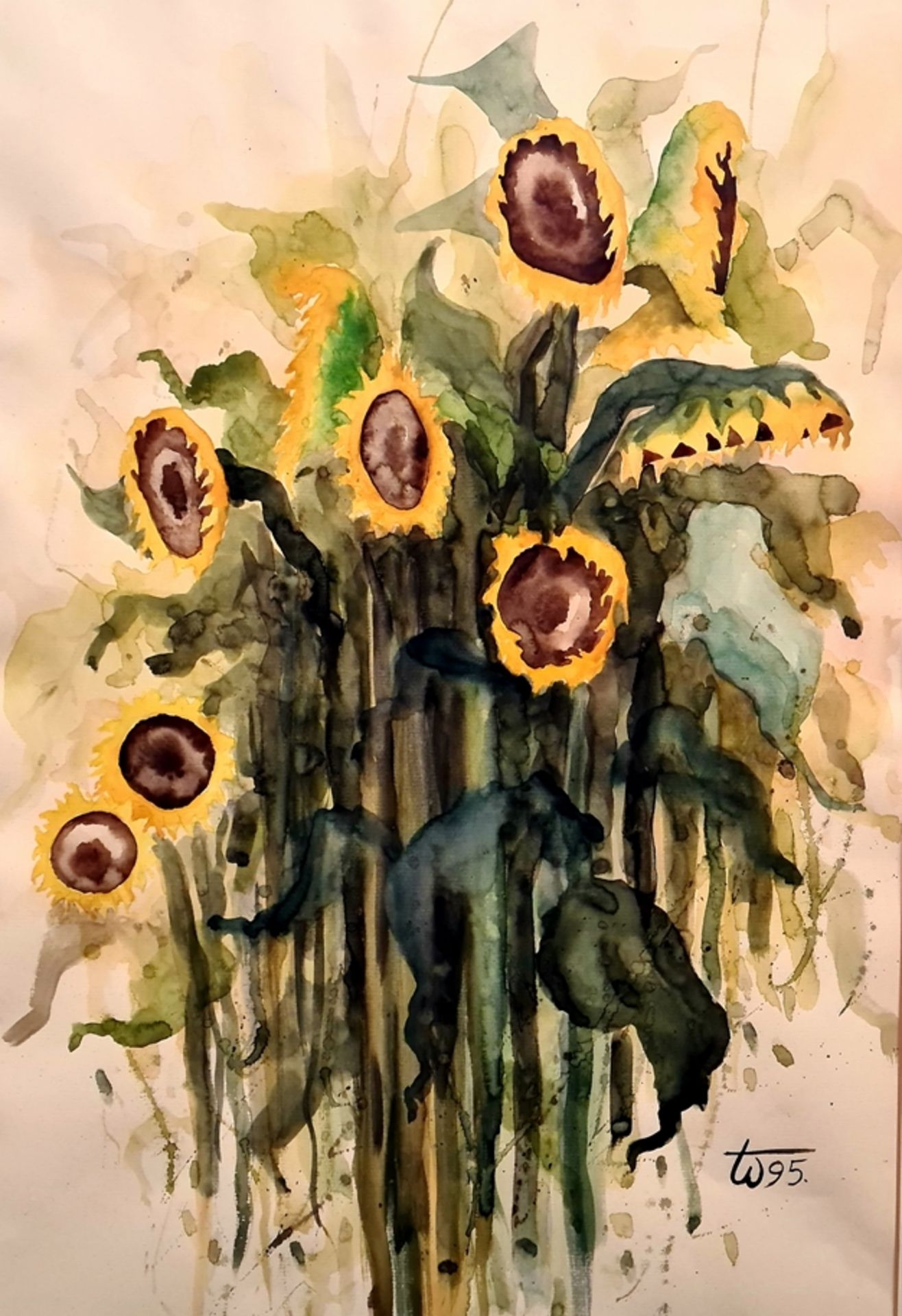 Sonnenblumen, Aquarell auf Papier, monogrammiert: W95, Passepartoutausschnitt: