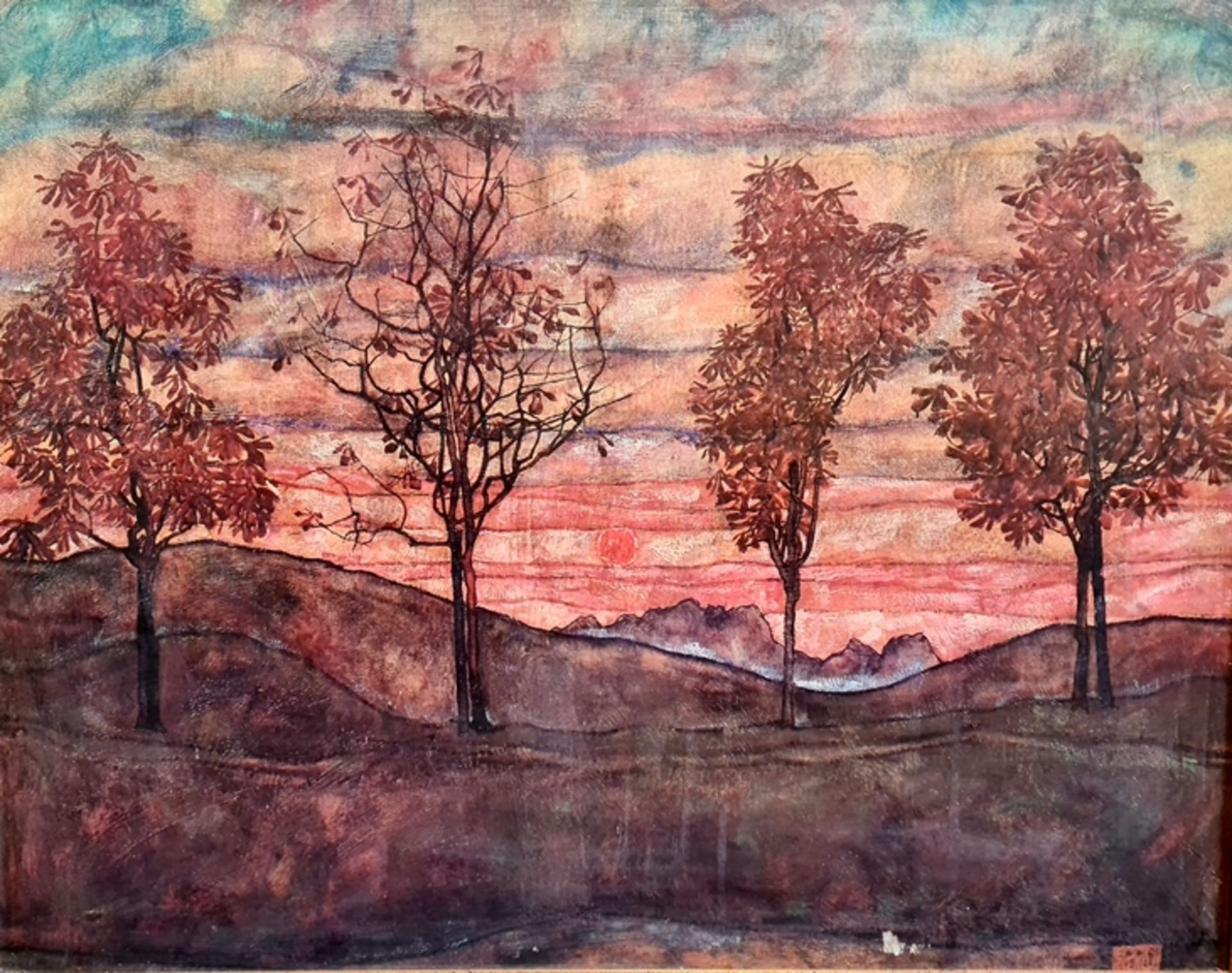 Egon Schiele , 4 Bäume, Kunstdruck Papier auf Faseplatte gerahmt, 84x66,5cm