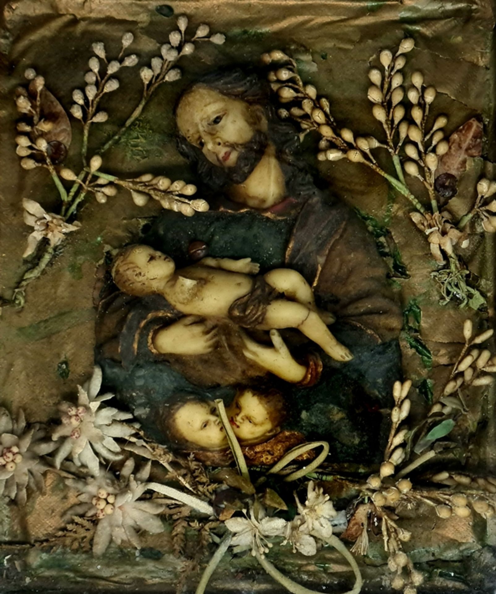 Klosterarbeit, Josef mit dem Christuskind im Holzkasten verglast, um 1800, besc
