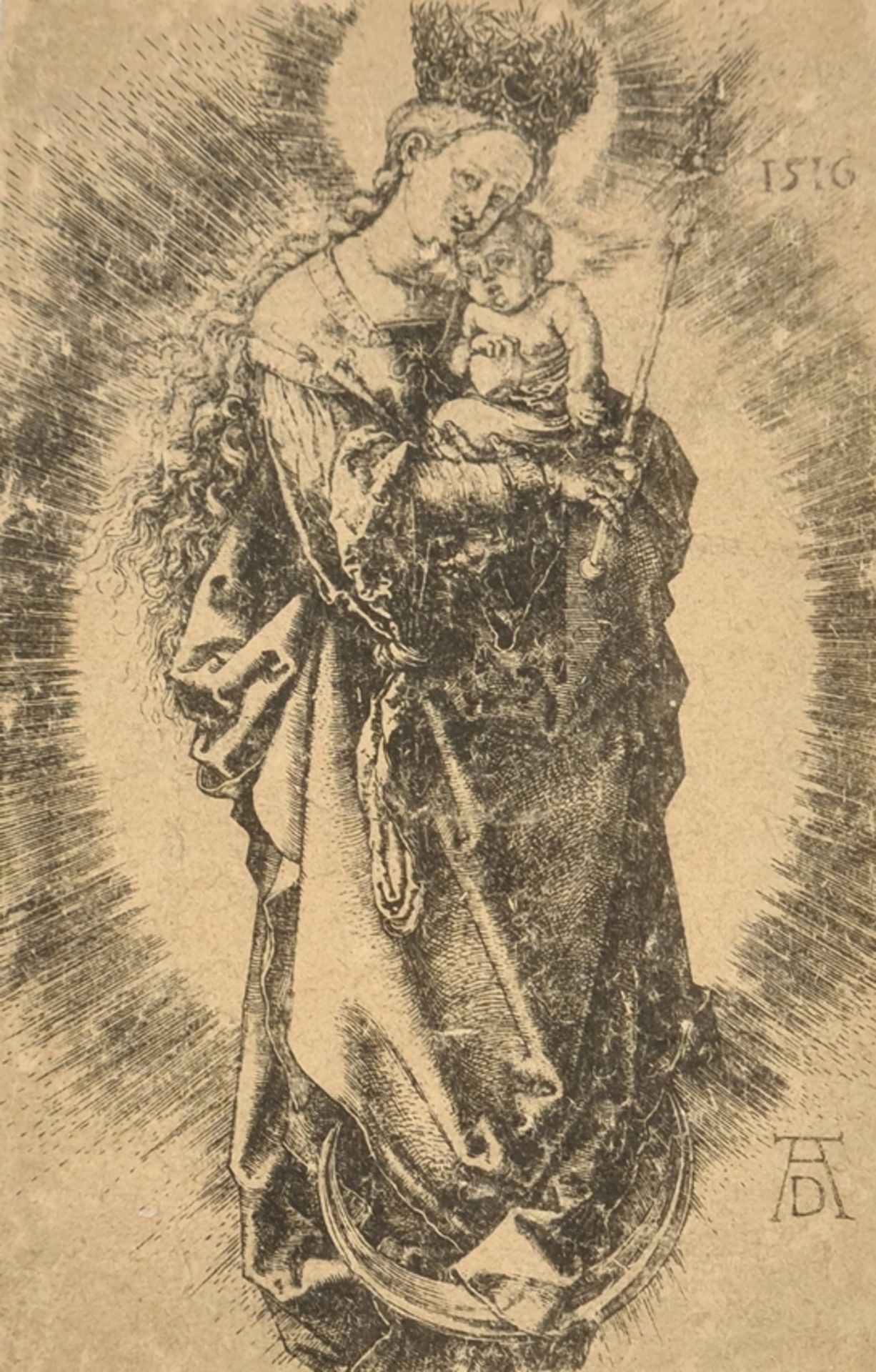 Alfred Dürer 1471-1528, Maria mit Zepter und Sternenkrone,, Kupferstich auf Bütten, monogrammiert u