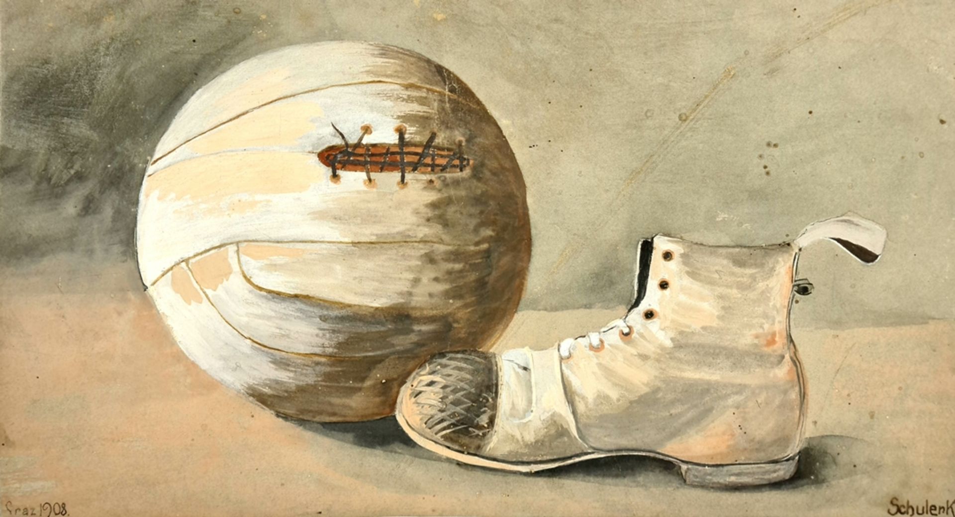 Fußball mit dem Schuh , Aquarell auf Papier , signiert Schuler K. Graz 1909 , Blattgröße:33,5x18,5c