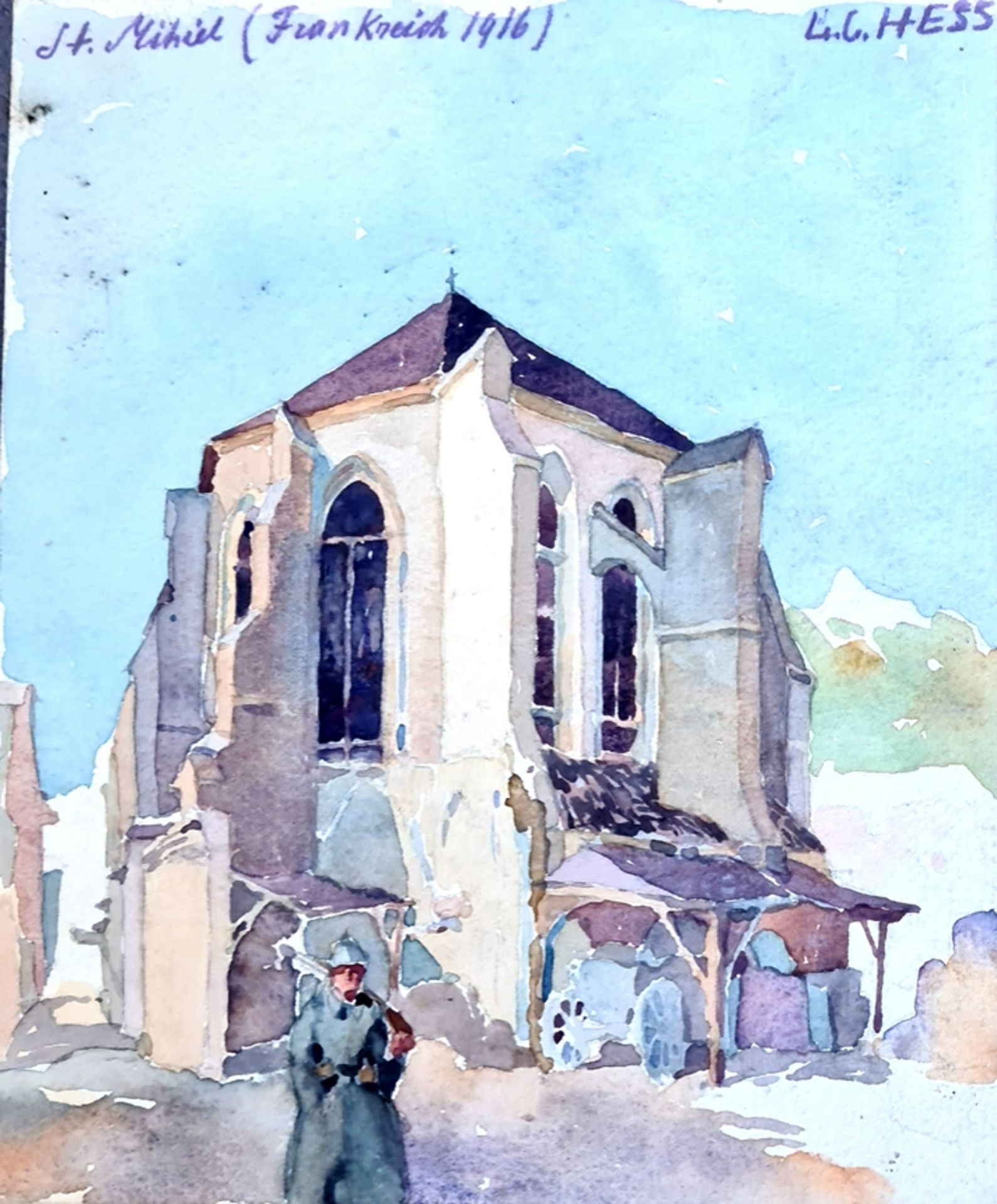 Louis Christian Hess (1895 Bozen-1944 Schwaz), Soldat vor einer Kirche in St. Mihiel in Frankreich