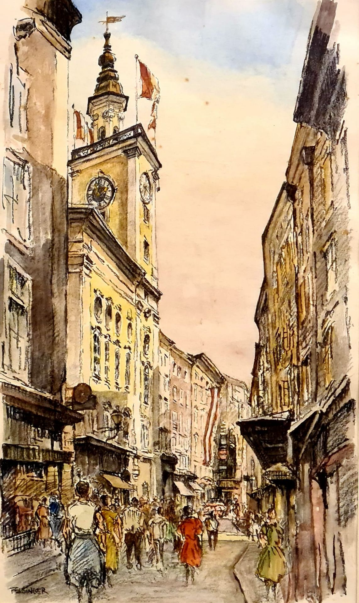 Josef Felsinger ,(Wien 1908-1972 Salzburg, Aquarell,signiert Felsinger, Passepartoutausschnitt: 29,