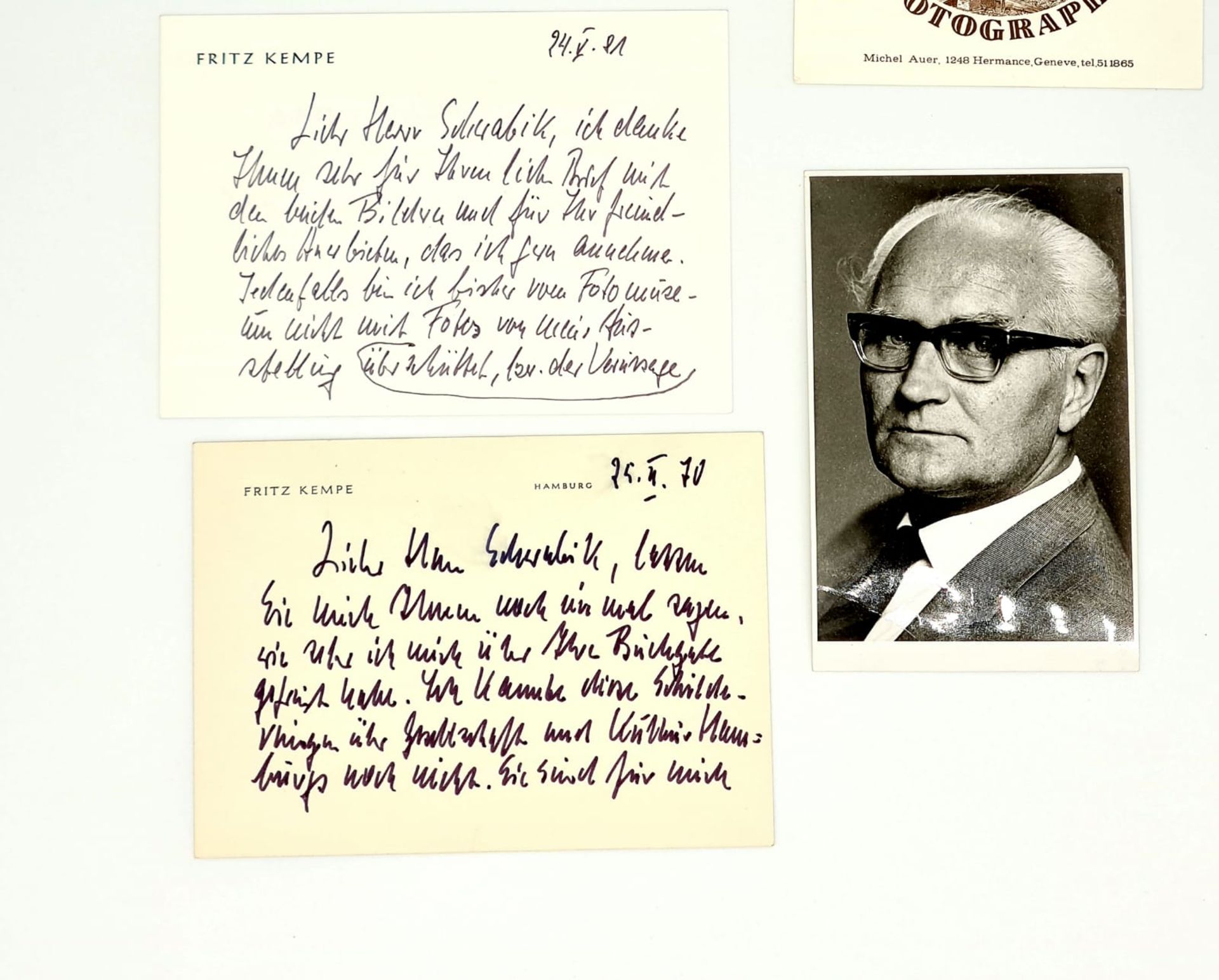 Fritz Kempe, Briefwechsel an Marian Schwabik , 1970 und 1981 mit Umschlag und 2 Fotos, - Bild 2 aus 3